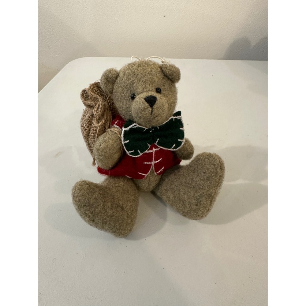 Vintage Christmas Felt Teddy Bear Hanging Ornament Red Vest Burlap Sack 8 Inch